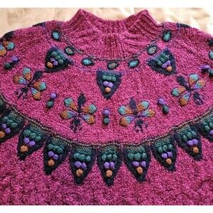 Vintage Woolrich Woman Wool Mohair Sweater Butterfly Pom Yoke Cable Knit L 90s